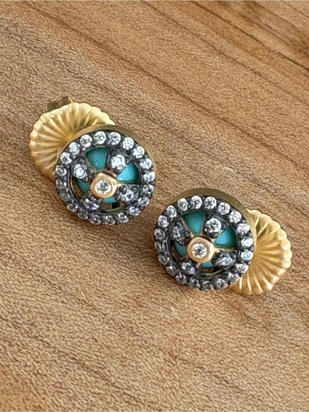 Freida Rothman 925 Sterling silver Gold Turquoise CZ Crystal Button Earrings